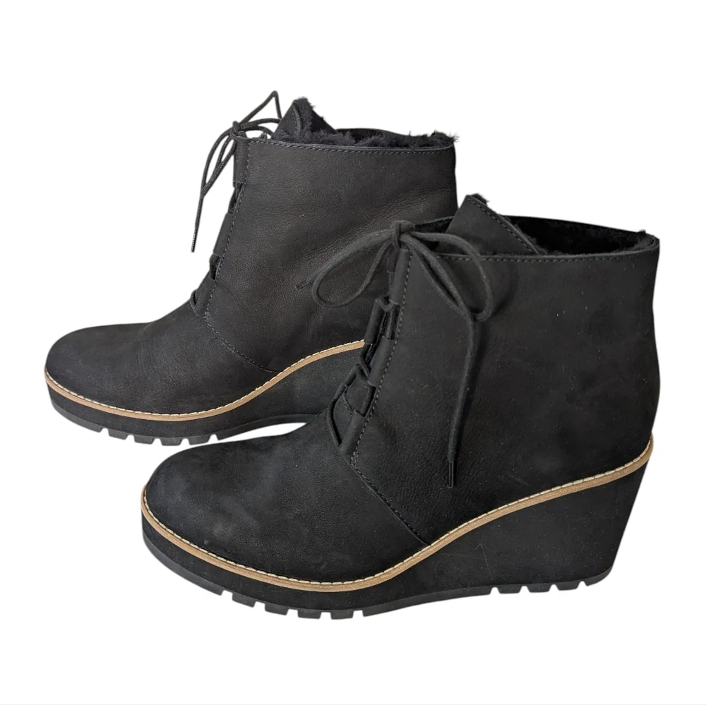 Eileen Fisher Alpine Boots  Black Leather Wedge Heel ..Size 11
